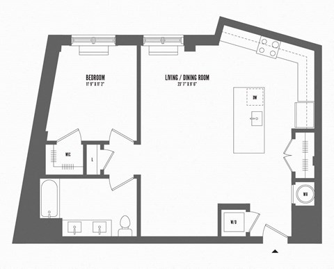 Floor plan for 1 bed, 1 bath, 825 sqft